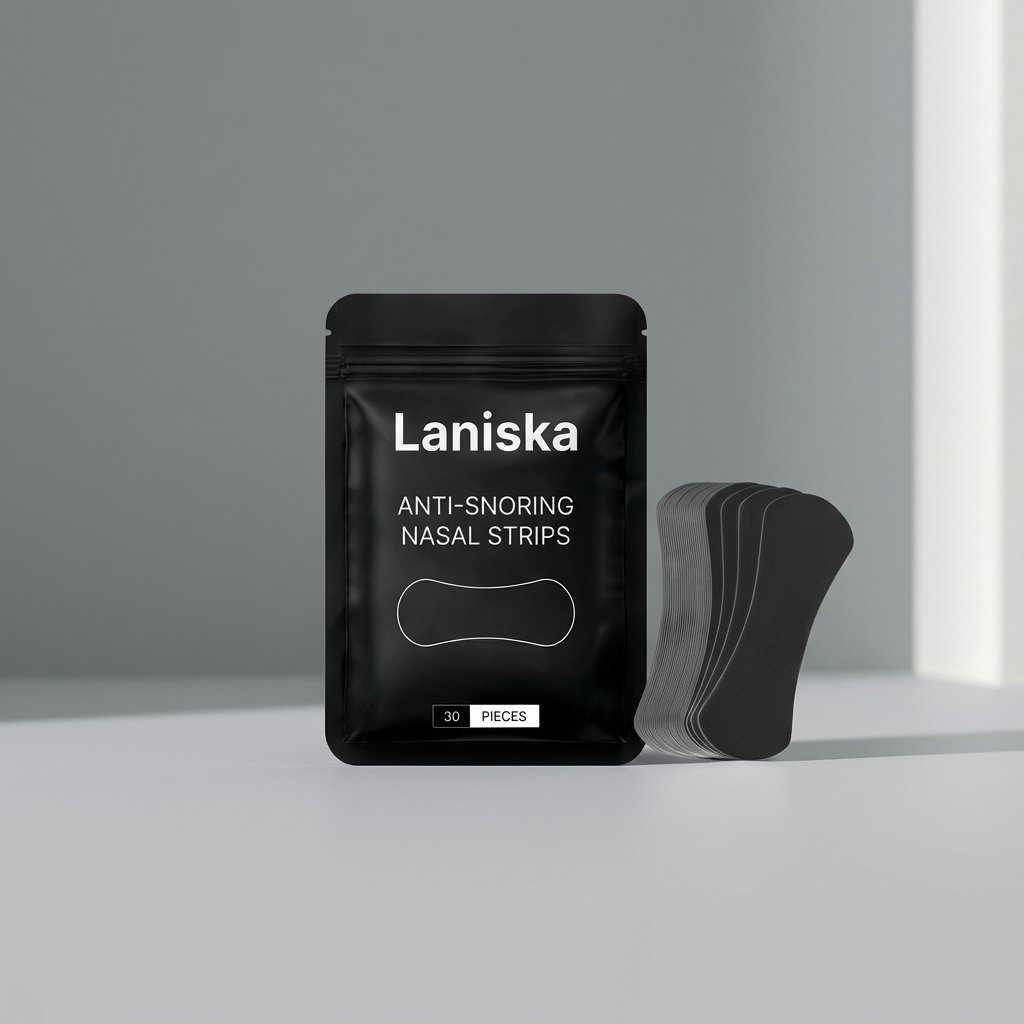 Laniska anti-snoring nasal strips packaging on a gray background