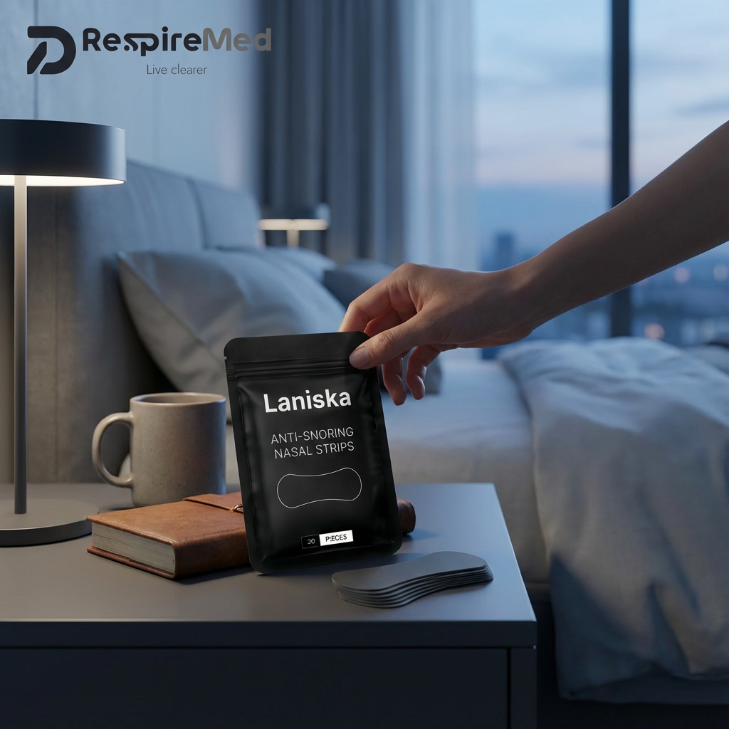 Person holding a package of Laniska anti-snoring nasal strips on a nightstand with a blurred bedroom background.